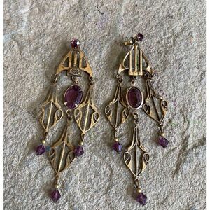 Sadie Green Earrings Art Nouveau Signed Amethyst Gold Tone Dangle